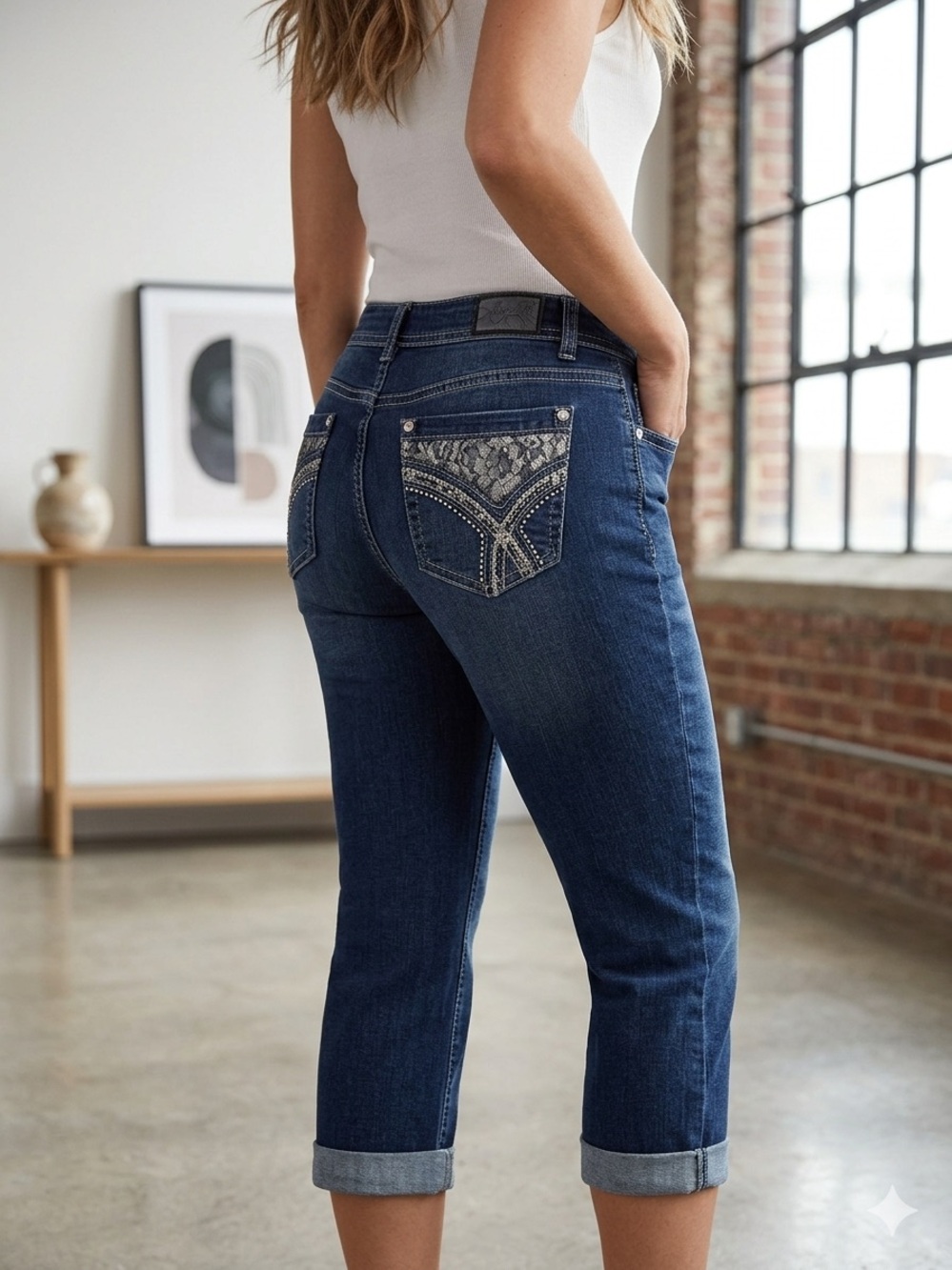 Earl Jeans Women's Mid Blue Capri Jeans Embellished Pockets 12